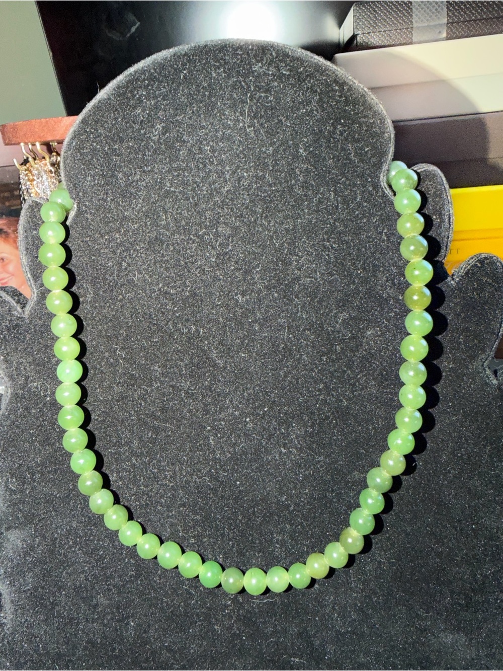 Nephrite Green Jade Bead Necklace 16” 6mm Round Beads Silver Clasp Vintage
